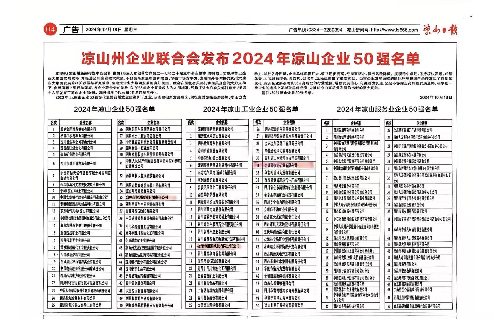 喜報(bào)！聯(lián)鑫礦業(yè)會(huì)理區(qū)域雙星閃耀，共登涼山工業(yè)企業(yè)50強(qiáng)榜單(圖2)